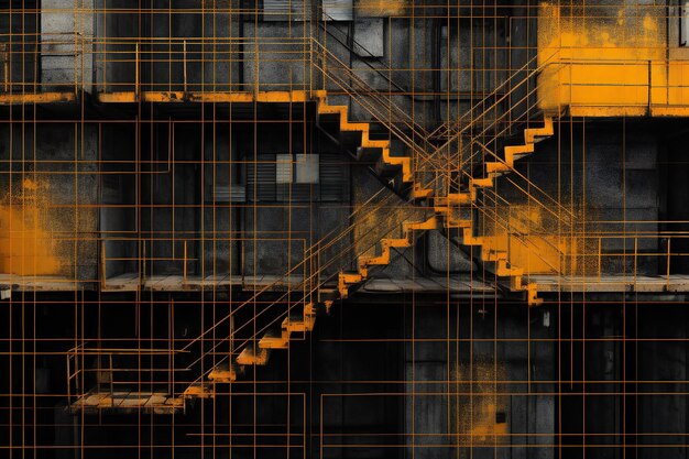 Abstract architectural background with stairs and yellow grid illustration