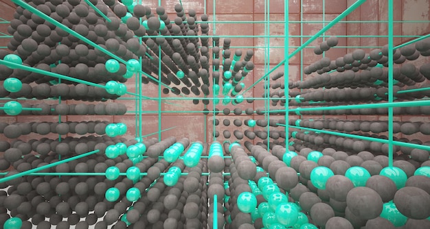 Photo abstract architectural concrete interior from an array of green spheres with large windows 3d