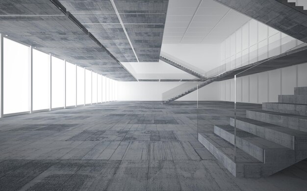 Abstract architectural concrete interior of a minimalist house. 3D illustration and rendering.