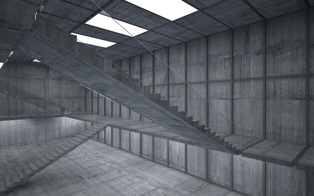 Abstract architectural concrete interior of a minimalist house. 3D illustration and rendering.