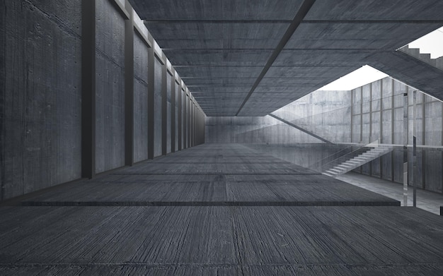 Abstract architectural concrete interior of a minimalist house. 3D illustration and rendering.