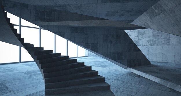 Abstract architectural concrete interior of a minimalist house 3D illustration and rendering