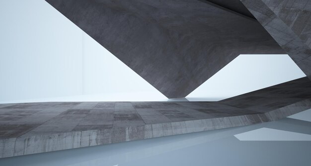 Abstract architectural concrete interior of a minimalist house 3D illustration and rendering