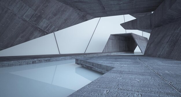 Abstract architectural concrete interior of a minimalist house 3D illustration and rendering