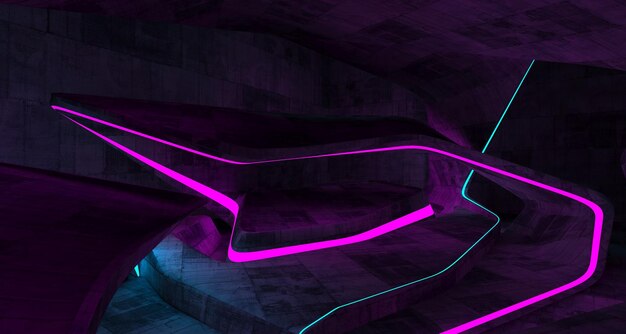 Abstract architectural concrete interior of a minimalist house with color gradient neon lighting 3D