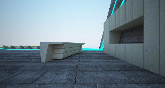 Abstract architectural concrete interior of a modern villa on the sea with colored neon lighting 3D