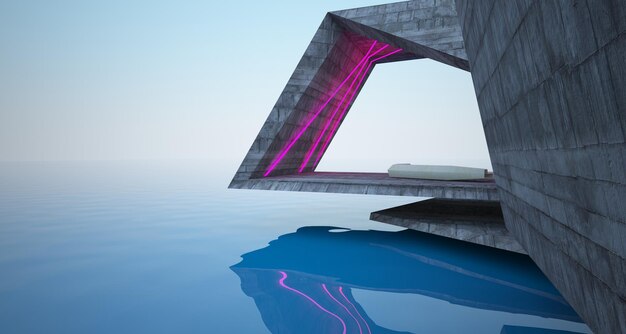 Abstract architectural concrete interior of a modern villa on the sea with colored neon lighting 3D