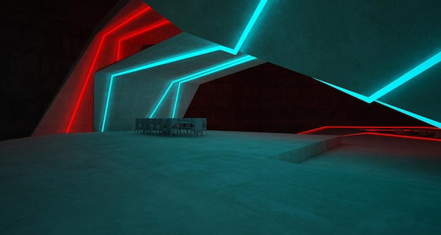 Abstract architectural concrete interior of a modern villa on the sea with colored neon lighting 3D