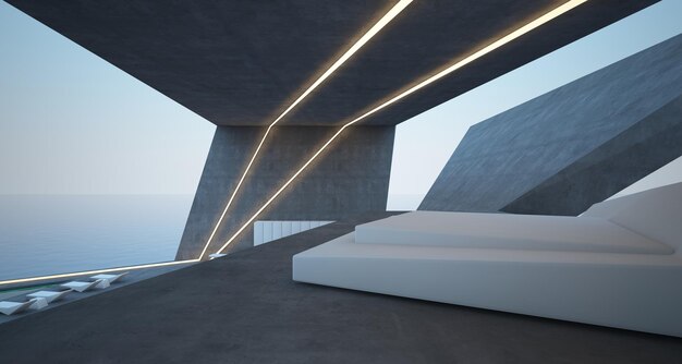 Abstract architectural concrete interior of a modern villa on the sea with swimming pool and neon