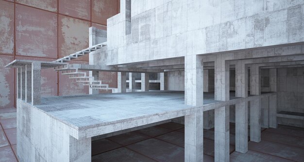 Abstract architectural concrete and rusted metal interior of a minimalist house