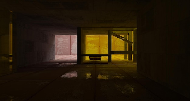 Abstract architectural concrete and rusted metal interior of a minimalist house