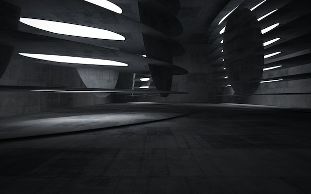 Abstract architectural concrete smooth interior of a minimalist house with neon lighting.