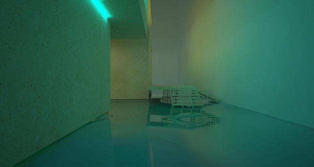 Abstract architectural concrete and white interior of a minimalist house with color gradient neon