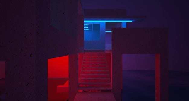 Abstract architectural concrete and white interior of a minimalist house with color gradient neon