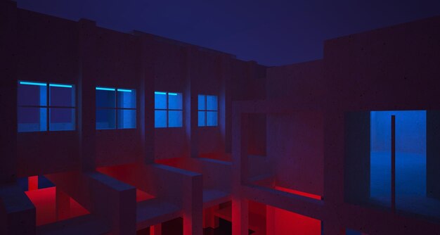 Abstract architectural concrete and white interior of a minimalist house with color gradient neon