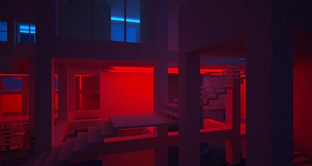 Abstract architectural concrete and white interior of a minimalist house with color gradient neon