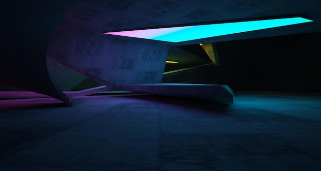 Abstract architectural concrete and white interior of a minimalist house with color gradient neon