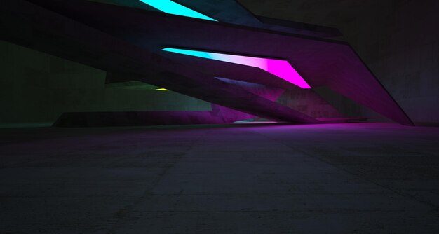 Abstract architectural concrete and white interior of a minimalist house with color gradient neon