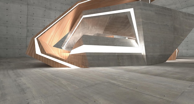 Abstract architectural concrete wood and glass smooth interior of a minimalist house