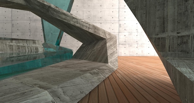 Abstract architectural concrete wood and glass smooth interior of a minimalist house