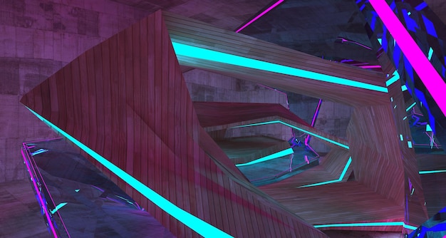 Abstract architectural concrete and wood interior of a minimalist house with color gradient neon