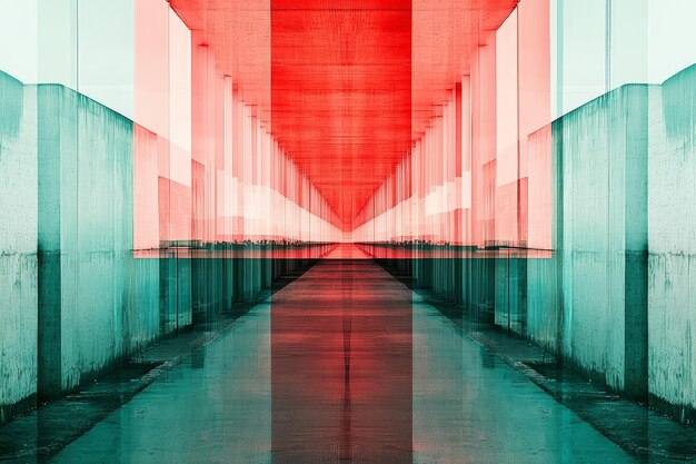 Photo abstract architectural corridor with red and green tones