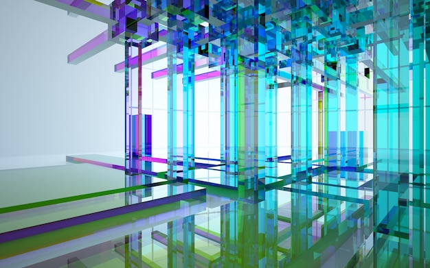 Abstract architectural glass gradient color interior of a minimalist house with large windows 3D