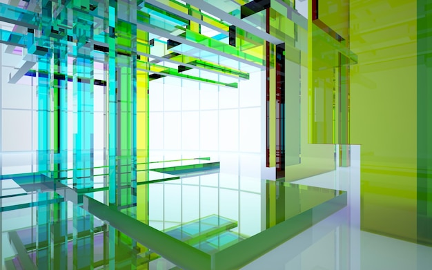 Abstract architectural glass gradient color interior of a minimalist house with large windows 3D