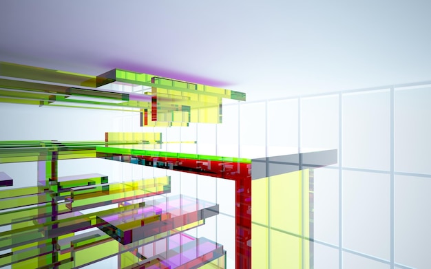 Abstract architectural glass gradient color interior of a minimalist house with large windows 3D