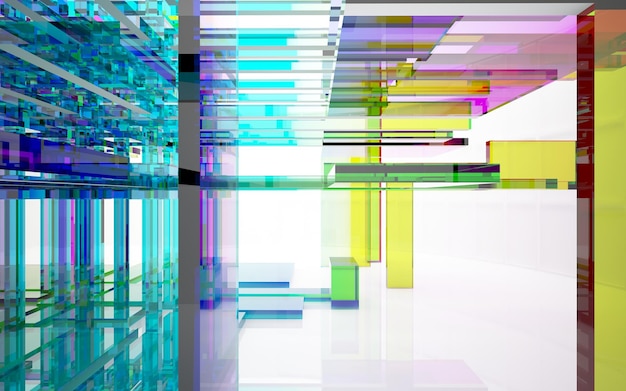 Abstract architectural glass gradient color interior of a minimalist house with large windows 3D