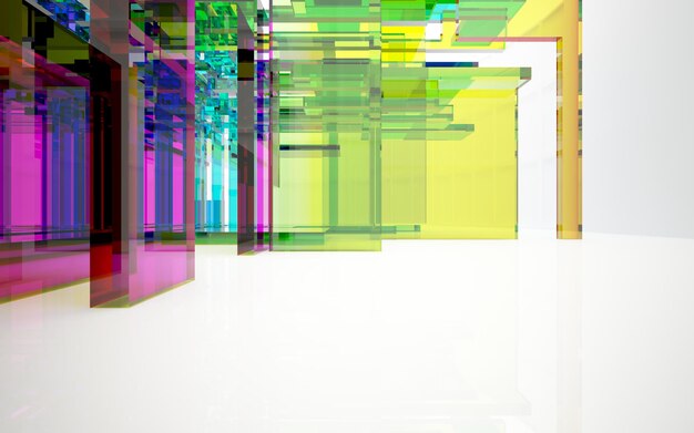 Abstract architectural glass gradient color interior of a minimalist house with large windows 3D