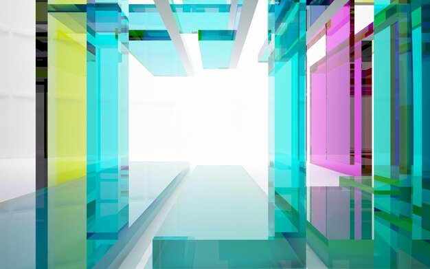 Abstract architectural glass gradient color interior of a minimalist house with large windows 3D