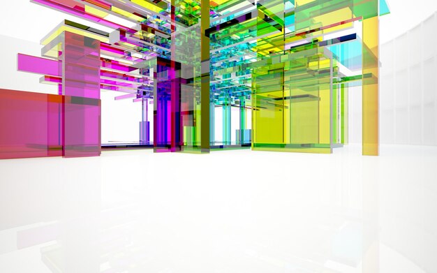 Abstract architectural glass gradient color interior of a minimalist house with large windows 3D