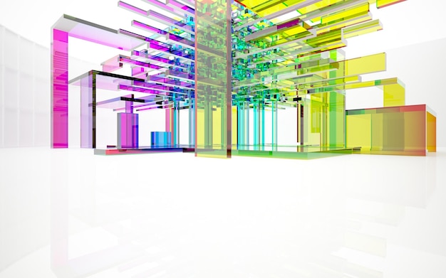 Abstract architectural glass gradient color interior of a minimalist house with large windows 3D