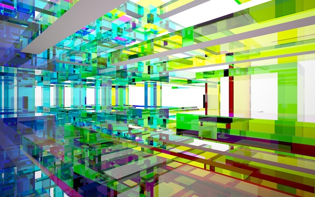 Abstract architectural glass gradient color interior of a minimalist house with large windows 3D