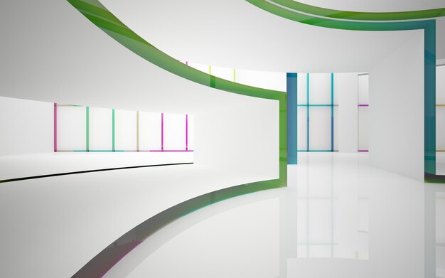 abstract architectural interior with gradient geometric glass sculpture with black lines 3D