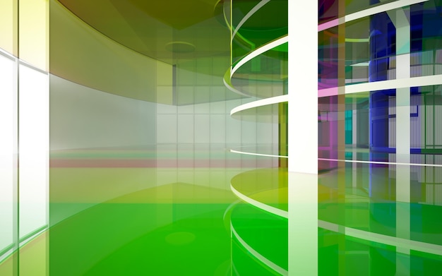 abstract architectural interior with gradient geometric glass sculpture with black lines 3D