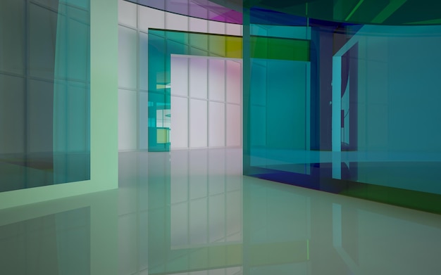 abstract architectural interior with gradient geometric glass sculpture with black lines 3D