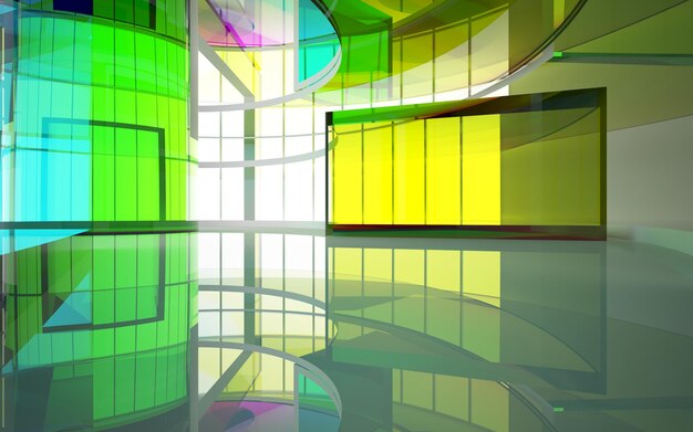 abstract architectural interior with gradient geometric glass sculpture with black lines 3D