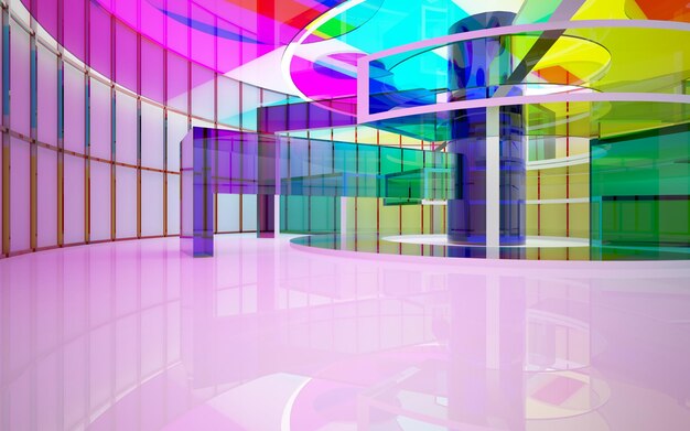 abstract architectural interior with gradient geometric glass sculpture with black lines 3D