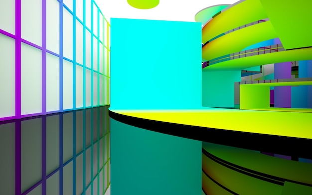 abstract architectural interior with gradient geometric glass sculpture with black lines 3D