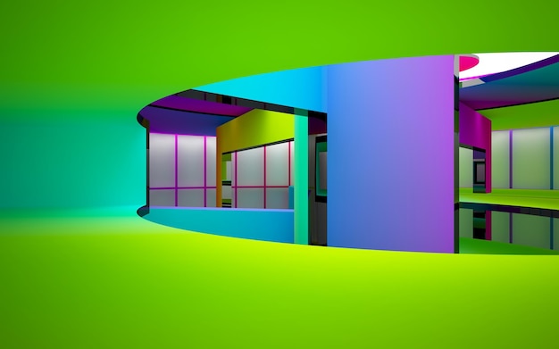 abstract architectural interior with gradient geometric glass sculpture with black lines 3D