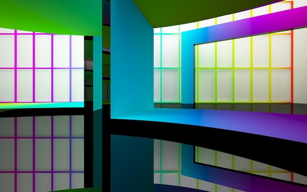 abstract architectural interior with gradient geometric glass sculpture with black lines 3D