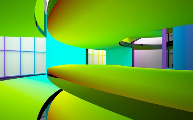 abstract architectural interior with gradient geometric glass sculpture with black lines 3D