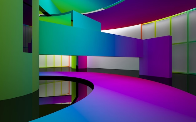 abstract architectural interior with gradient geometric glass sculpture with black lines 3D