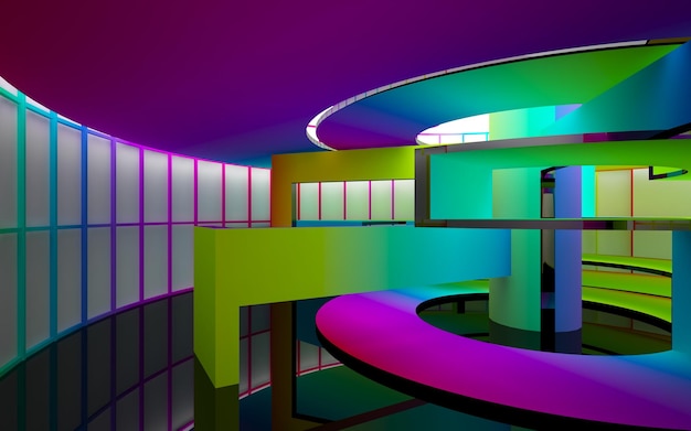 abstract architectural interior with gradient geometric glass sculpture with black lines 3D