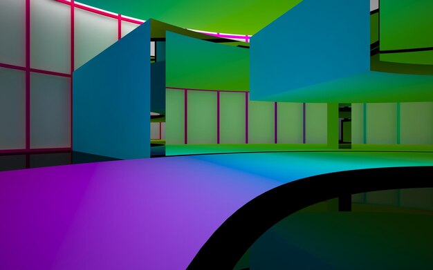 abstract architectural interior with gradient geometric glass sculpture with black lines 3D