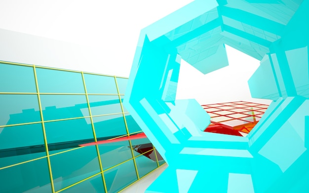 abstract architectural interior with gradient geometric glass sculpture with black lines. 3D