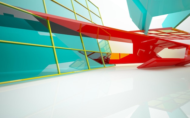 abstract architectural interior with gradient geometric glass sculpture with black lines. 3D