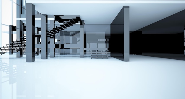 Abstract architectural white and black gloss interior of a minimalist house with large windows 3D